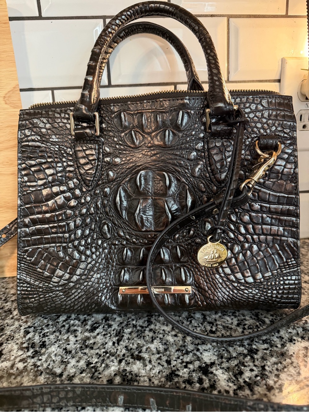 Brahmin dark brown satchel crossbody.  VGC